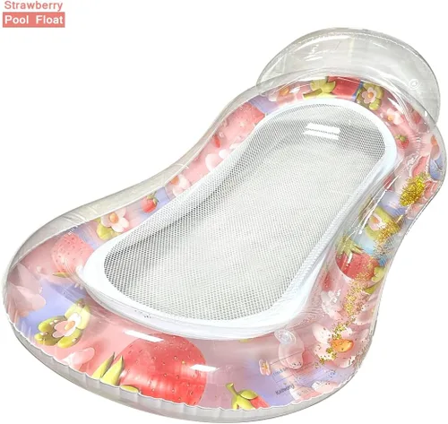 Vista 2 de Tumbona inflable para piscina con malla, hamaca de natación para adultos, diseño transparente de sandía/fresas, reposacabezas integrado, relleno