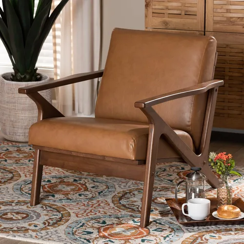 Vista 2 de Baxton Studio Bianca Mid-Century - Sillón moderno con acabado de madera y piel sintética color marrón nogal