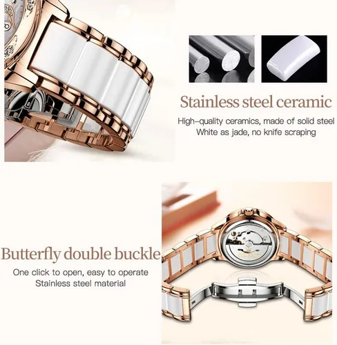 Vista 6 de OLEVS Relojes de vestir elegantes para mujer, automático, de acero inoxidable, resistente al agua, de cerámica, con luminoso