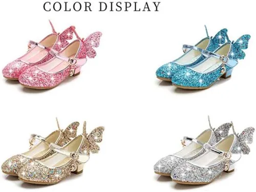 Vista 6 de Zapatos brillantes de mariposa Mary Jane para niñas y niñas, zapatos de fiesta de boda con purpurina para damas de honor, tacones bajos, zapatos