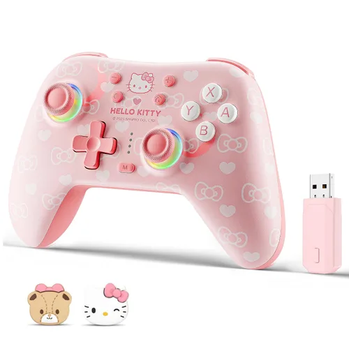 Vista 10 de Kuitmor Pink Switch Controller,Hello Kitty Hall Effect Controllers Wireless for Switch 2/1/OLED/Lite,PC,Android,iOS Bluetooth + Wired,1000mAh