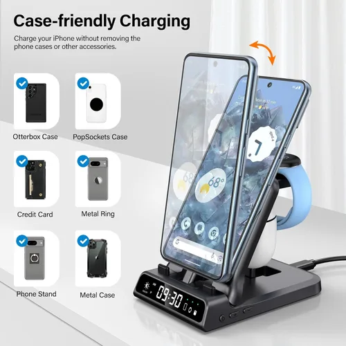 Vista 5 de Estación de carga 3 en 1 para Google Pixel Watch 3/2, soporte de cargador USB C con cable súper rápido de 25 W para Google Pixel 10/10 Pro/10 Pro