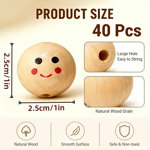 Vista 2 de 40 cuentas de madera redondas de madera con cara sonriente, cuentas de madera impresas espaciadoras para manualidades, manualidades, joyería