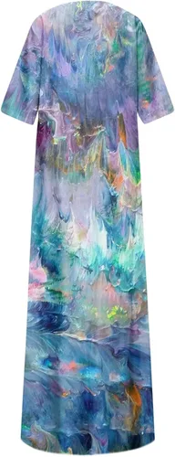 Vista 5 de ADHOWBEW Vestido midi de manga corta con cuello en V floral para mujer, talla grande, con bolsillos