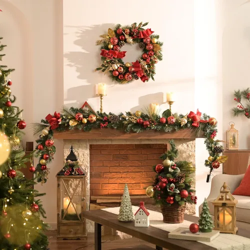 Vista 2 de Valery Madelyn Guirnalda de Navidad preiluminada de 9 pies con luces para manto, guirnalda de Navidad iluminada al aire libre con bolas de oro rojo