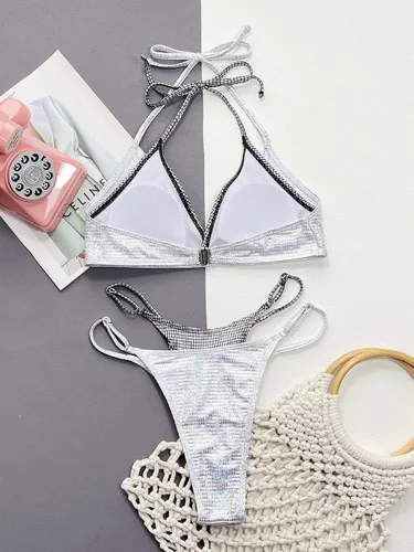 Vista 6 de YAUASOPA Bikini brillante para mujer, traje de baño de dos piezas con tanga