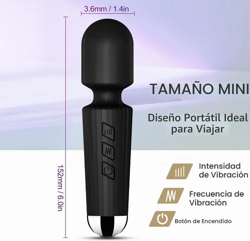 Vista 3 de Mini masajeador personal inalámbrico de mano con vibración, 20 patrones y 8 velocidades, silicona suave, impermeable, recargable por USB y Negro