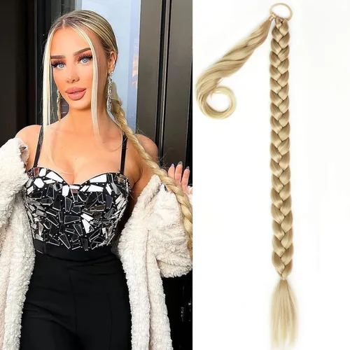 Vista 12 de Extensiones de cola de caballo trenzada de 20 pulgadas de largo para mujer, extensiones de cabello lacio envolvente con banda para el cabello, cola
