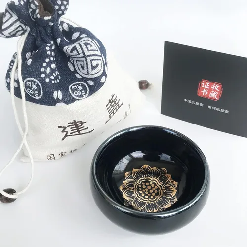 Vista 31 de Taza de té Jianzhan de porcelana negra Wujin Tenmoku Taza hecha a mano China Gongfu Cha Taza Patrón de dragón dorado