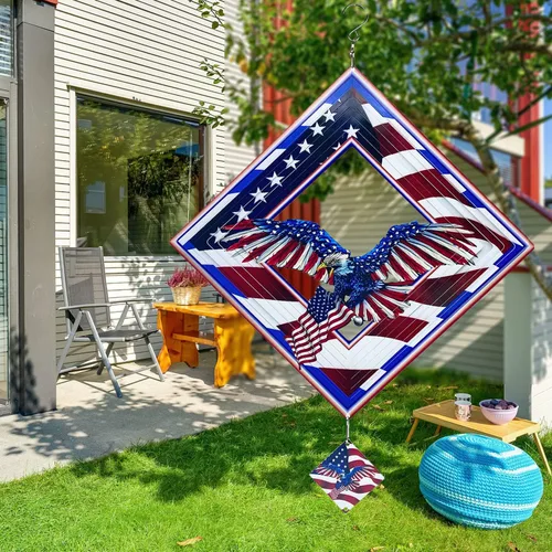 Vista 5 de Hilanderos de Águila para Patio y Jardín, Hilandero de Viento Colgante, Atrapadores de Viento 3D de Metal, Hilandero Cinético de Bandera Americana