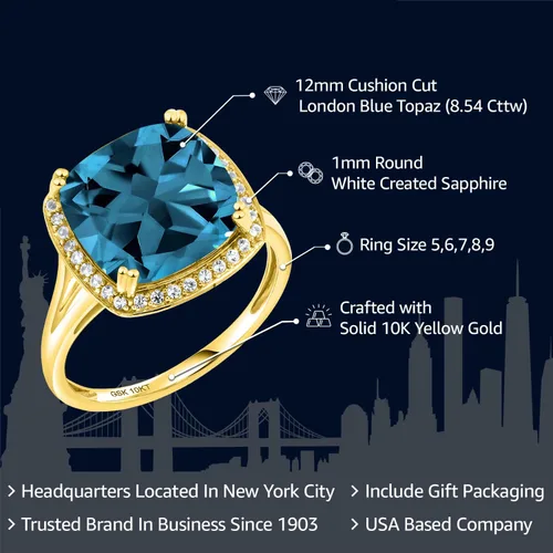 Vista 2 de Gem Stone King Anillo de oro amarillo de 10 quilates con piedra natal y zafiro blanco creado para mujer, cojín de 0.472 in, anillo de compromiso