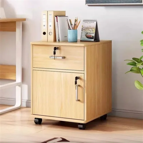 Vista 9 de Archivador de madera con cierre suave, cerradura de llave + ruedas enrollables con cerradura, escritorio de almacenamiento de documentos lateral