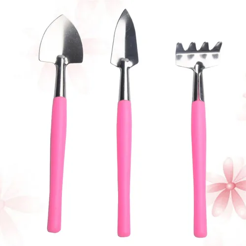 Vista 4 de jojofuny Práctica mini herramienta de jardín, mango de plástico antideslizante rosa con pala de hierro y rastrillo para plantar macetas