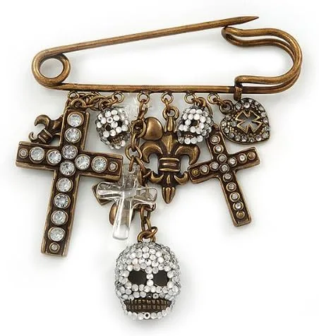Vista 7 de Broche de seguridad con dije de cruces, corazones y calaveras en metal con acabado de bronce -, Latón, Sin gemas.