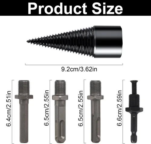 Vista 2 de Broca divisora de madera 42mm + 32mm con guantes antideslizantes y 4 mangos de perforación, broca divisora de troncos divisora de leña para broca