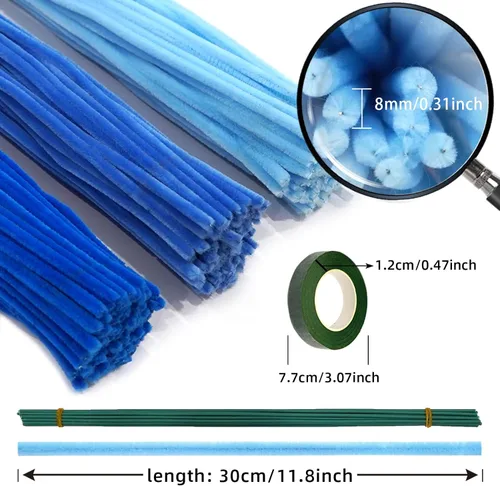 Vista 3 de URSDIART 311 piezas de limpiapipas azules para manualidades - Kit de fabricación de flores de tallos de felpilla, alambre grueso y esponjoso