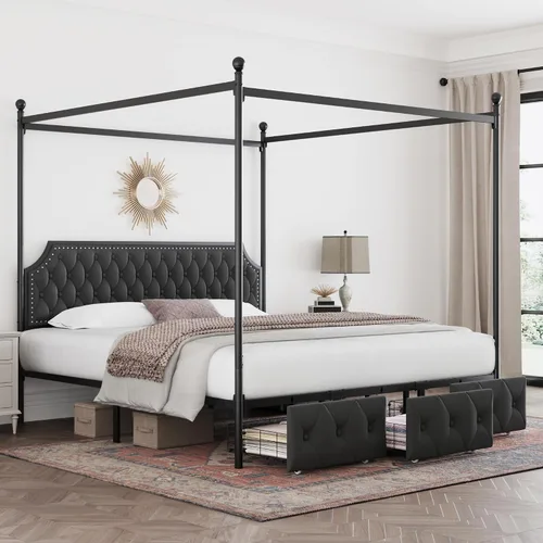 Vista 5 de Keyluv Marco de cama con dosel tapizado tamaño King con 3 cajones y cabecero capitonado con botones, cama de plataforma de metal con 4 postes Gris