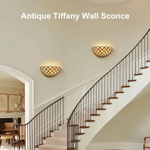 Vista 3 de DEYNITE Tiffany - Aplique de pared negro antiguo, pantalla de vitral con cuentas de cristal para baño, dormitorio, pasillo, pasillo, decoración