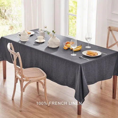 Vista 2 de TOSMO Mantel 100% de lino francés, mantel rectangular lavable de granja para cocina, comedor, fiesta, cóctel, uso diario en interiores y exteriores