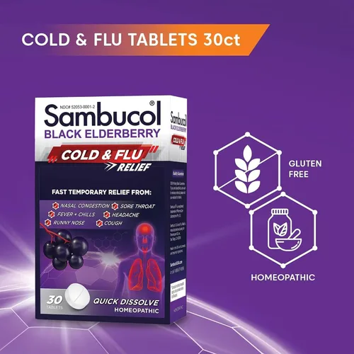 Vista 4 de Sambucol Tabletas para aliviar el resfriado y la gripe, medicina homeopática para el resfriado, remedio para adultos, saúco negro para resfriados