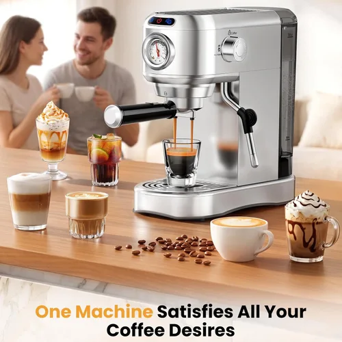 Vista 15 de Máquina de café espresso de 20 bares, cafetera compacta con espumador de leche, cafetera de acero inoxidable con tanque de agua extraíble de 34