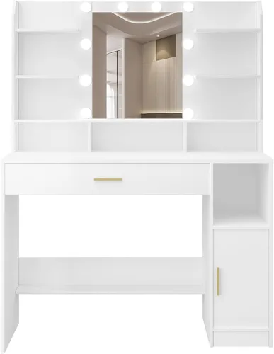 Vista 9 de Escritorio de tocador con espejo HD, tocador de maquillaje con luces LED, 3 niveles de brillo ajustable, mesa de vestir con estanterías ocultas