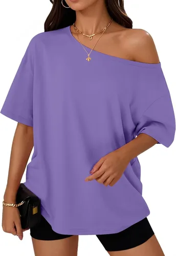 Vista 32 de Trendy Queen Camisetas de verano de gran tamaño con hombros descubiertos Negro