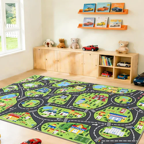 Vista 10 de Alfombras de juego de autos para niños, 36 x 60 pulgadas, tapete de juego de mapa de ruta urbano para jugar con autos, camiones, tapete de juego