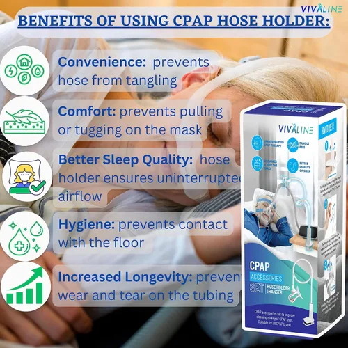 Vista 9 de Soporte para manguera CPAP para evitar fugas y enredos en el tubo, ajustable, extraíble y resistente, organizador de cama, soporte para máscara