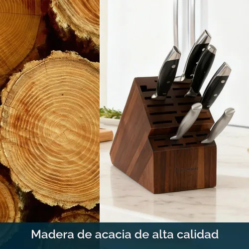 Vista 4 de KITCHENDAO Bloque de cuchillos de madera de acacia de 20 ranuras sin cuchillos, soporte universal para cuchillos de cocina, sostiene múltiples tipos