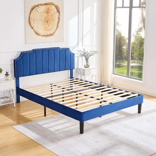 Vista 7 de VECELO Base de cama tamaño matrimonial tapizada con cabecera ajustable copetuda/base de colchón con soporte de listones de madera, fácil montaje
