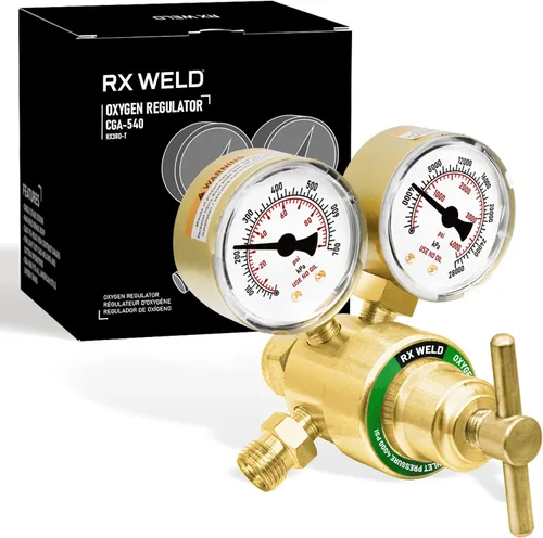 Vista 5 de RX WELD Regulador de oxígeno Medidores de gas de soldadura CGA 540 Entrada Oxy para kit de corte de antorcha estilo V, mango de PC