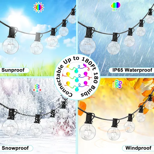 Vista 4 de Luces de Cadena LED para Exteriores, 30 Pies Conectables G40 Luz de Patio Exterior Impermeable con 30 Bombillas LED, Luces Decorativas de Café RGB