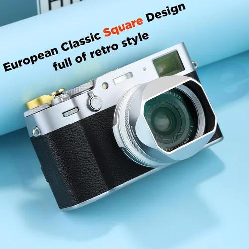 Vista 3 de Capota cuadrada de metal Haoge para Fuji X100VI Fujifilm FinePix X100V X100F X100 X100S X100T X70 Accesorios de cámara, color plateado con tapa
