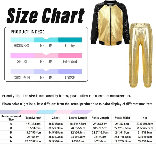 Vista 7 de TiaoBug Disfraz de baile de jazz hip hop para niños y niñas, brillante, metálico, manga larga, chaqueta bomber y pantalones deportivos