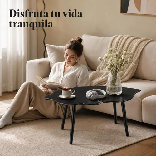 Vista 4 de DUOMAY Mesa de centro moderna en forma de hoja de mediados de siglo, mesa de centro de madera maciza para sala de estar, mesa central de madera