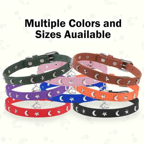 Vista 6 de Collar de cuero para perros pequeños, collar suave y ajustable con remaches de estrella y luna para perros machos y hembras, collares para cachorros
