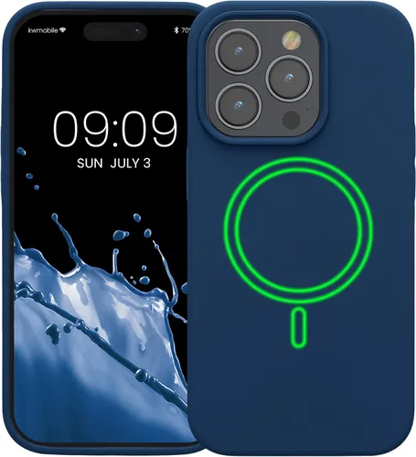 Vista 8 de kwmobile Funda de silicona TPU compatible con Apple iPhone 14 Pro, funda magnética, compatible con MagSafe, color azul marino