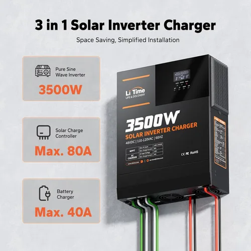Vista 4 de LiTime Inversor híbrido solar de 3500 W, cargador de inversor solar todo en uno de 48 V CC a 120 V CA, controlador de carga MPPT integrado de 80 A