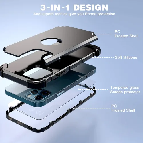 Vista 8 de IDweel Funda para iPhone 12 Pro Max con protector de pantalla de vidrio templado, híbrido 3 en 1, a prueba de golpes, delgada, resistente, cubierta
