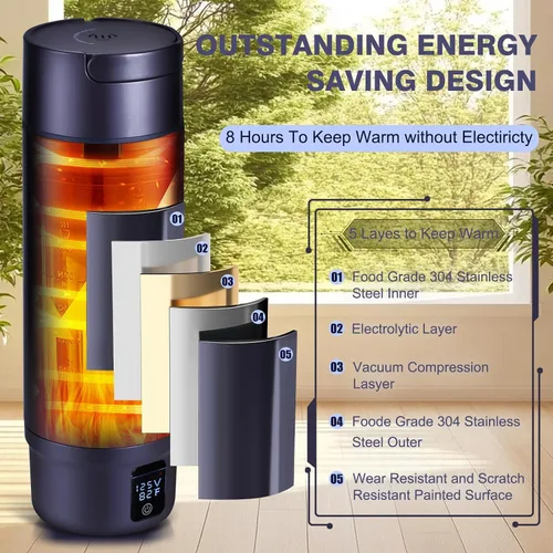 Vista 2 de Hervidor eléctrico portátil con aislamiento al vacío, vaso de acero inoxidable Miicasa, hervidor eléctrico pequeño, caldera de agua de viaje con 6