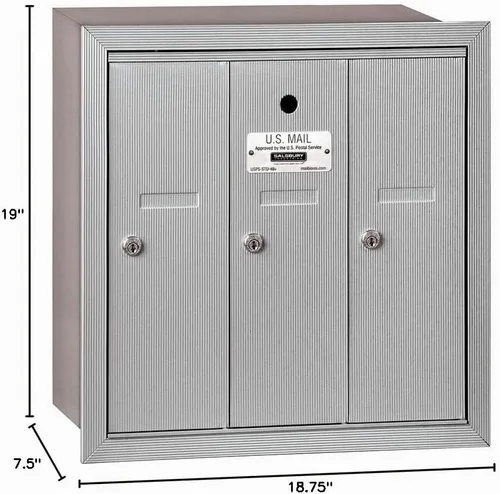 Vista 2 de Salsbury Industries Buzón vertical empotrado 3503ARU con 3 puertas y acceso USPS, aluminio
