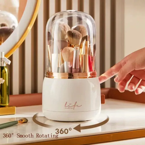 Vista 3 de Organizador de brochas de maquillaje rosa con tapa giratoria de 360 grados [2023] Organizador de brochas de cosméticos transparente para tocador