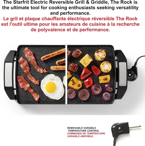 Vista 4 de Starfrit The Rock Electric - Parrilla y plancha reversible Rock.Tec antiadherente, control de temperatura variable, asas de tacto frío, 1500 W