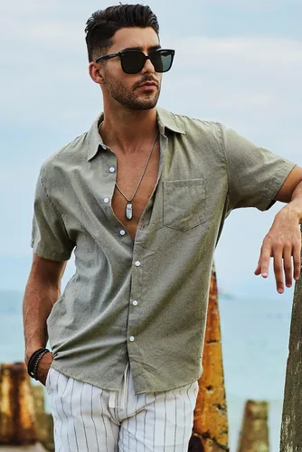 Vista 5 de JMIERR Camisas de vestir a rayas con botones y manga corta para hombre