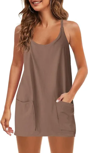 Vista 4 de Vestido atlético para mujer, pantalones cortos integrados, mini vestido de verano 2023 con tirantes delgados, vestidos de golf y tenis con bolsillos