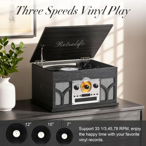 Vista 6 de Tocadiscos 10 en 1 con altavoces incorporados, reproducción inalámbrica, reproductor de CD y cassette, reproductor USB, radio AM/FM, tocadiscos de 3