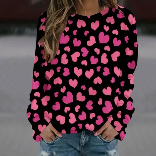 Vista 2 de Sudaderas de San Valentín para mujer, de manga larga, cuello redondo, estampado de corazón, estampado de moda, para el día de San Valentín