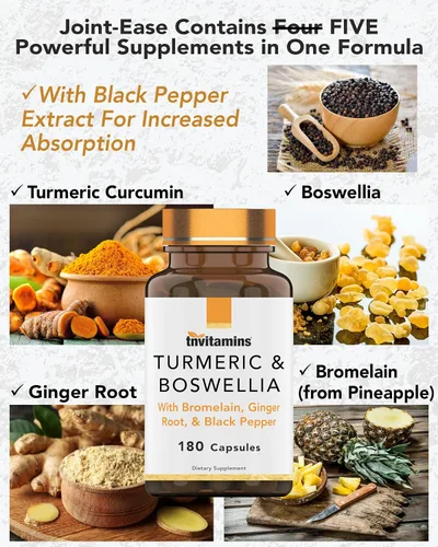 Vista 4 de tnVitamins Turmeric & Boswellia Complex (180 cápsulas) con raíz de jengibre, bromelina y extracto de pimienta negra Fórmula Joint-Easy: potente