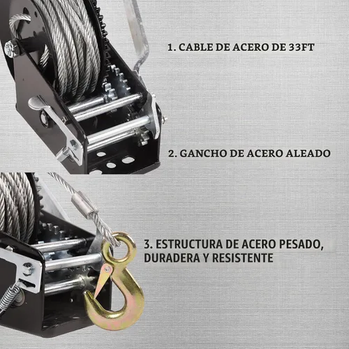 Vista 4 de Cabrestante de mano para remolque, cabrestante de 3500 libras, gancho resistente con cable de acero de 33 pies, cabrestante de trinquete operado